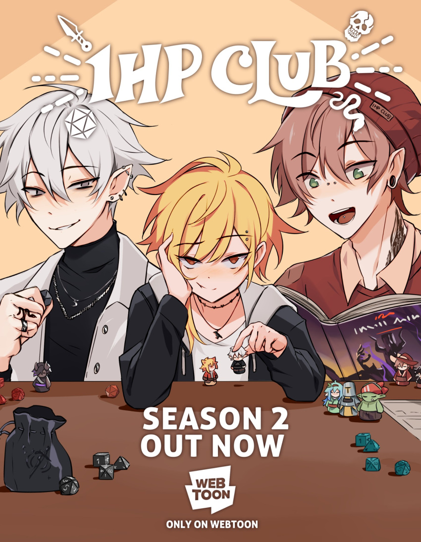 1girl, 1hp_club, 2boys, :d, alice_(1hp_club), beanie, black_jacket, black_shirt
