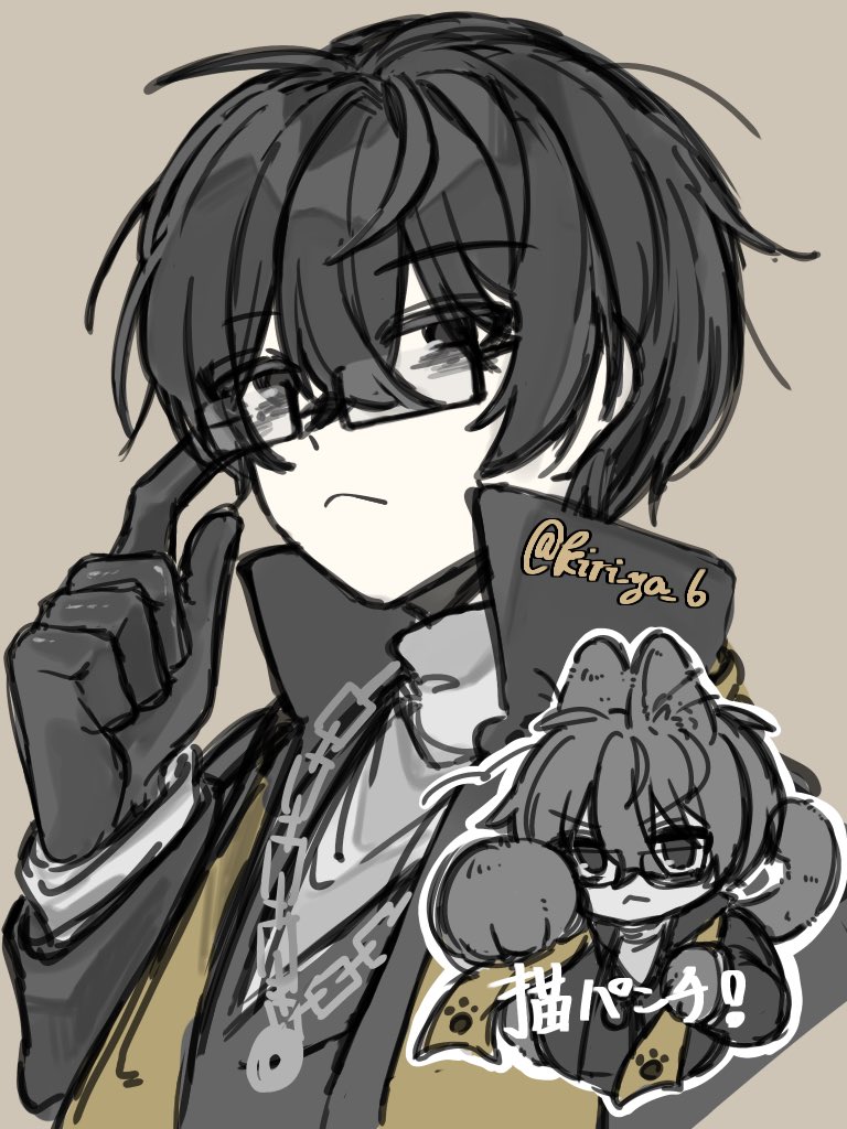 1boy, :<, adjusting_eyewear, animal_ears, bags_under_eyes, black_eyes, black_gloves, black_hair