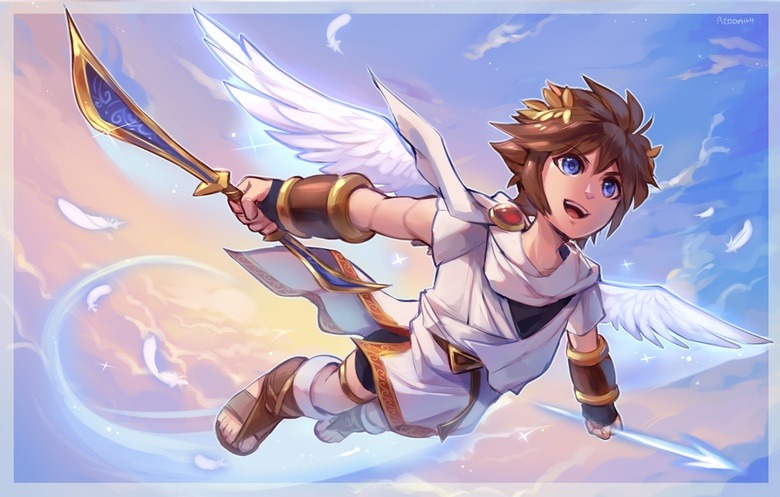 1boy, angel, angel_wings, arrow_(projectile), bike_shorts, blue_eyes, bow_(weapon), brown_hair, feathers, full_body, holding, holding_bow_(weapon), holding_weapon, kid_icarus, kid_icarus_uprising, laurel_crown, male_focus, outdoors, palutena_bow_(kid_icarus), pit_(kid_icarus), reddachi, sky, solo, sparkle, weapon, wings