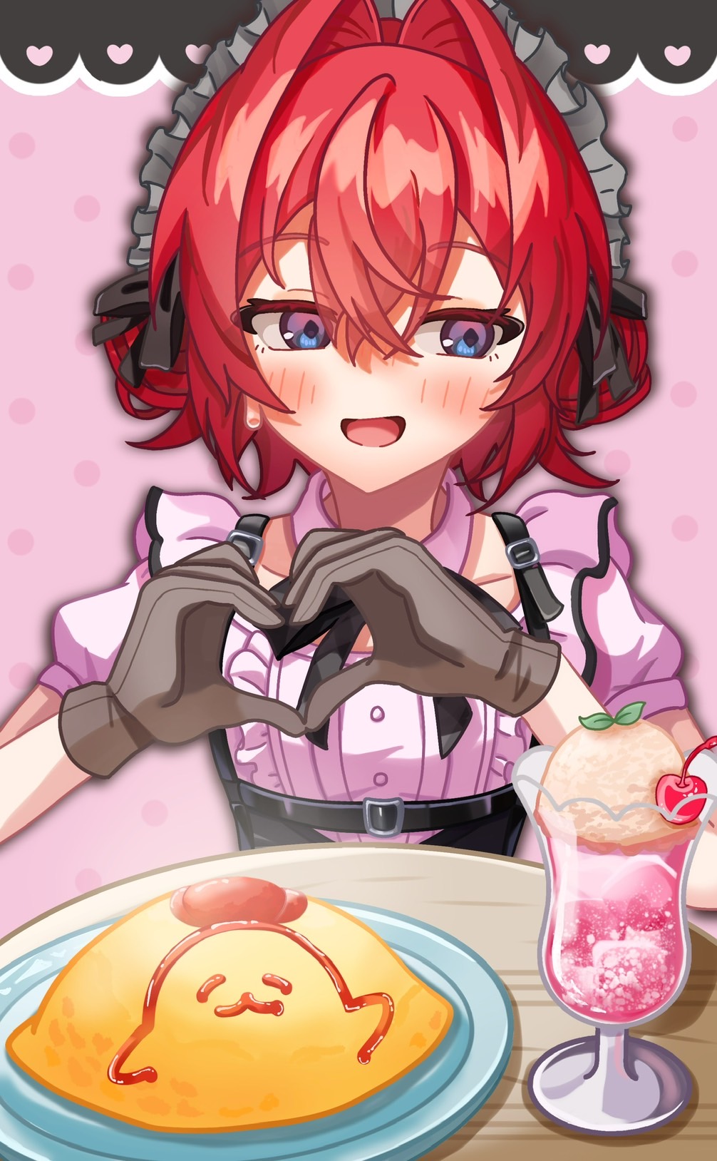 1girl, ange_katrina, arou_01, averting_eyes, black_ribbon, blue_eyes, blush, breasts, cherry, chest_harness, collar, commentary_request, cup, detached_collar, double-parted_bangs, double_bun, drinking_glass, food, food_art, frilled_shirt, frills, fruit, gloves, gradient_eyes, grey_gloves, grey_headdress, hair_between_eyes, hair_bun, hair_intakes, hands_up, harness, heart, heart_hands, highres, hurricane_glass, ice_cream, ice_cream_float, maid_headdress, mandragora_(ange_katrina), multicolored_eyes, neck_ribbon, nijisanji, omelet, omurice, open_mouth, pink_background, pink_collar, pink_shirt, polka_dot, polka_dot_background, pov_across_table, red_hair, ribbon, shirt, short_sleeves, small_breasts, solo, straight-on, table, upper_body, violet_eyes, virtual_youtuber, wooden_table