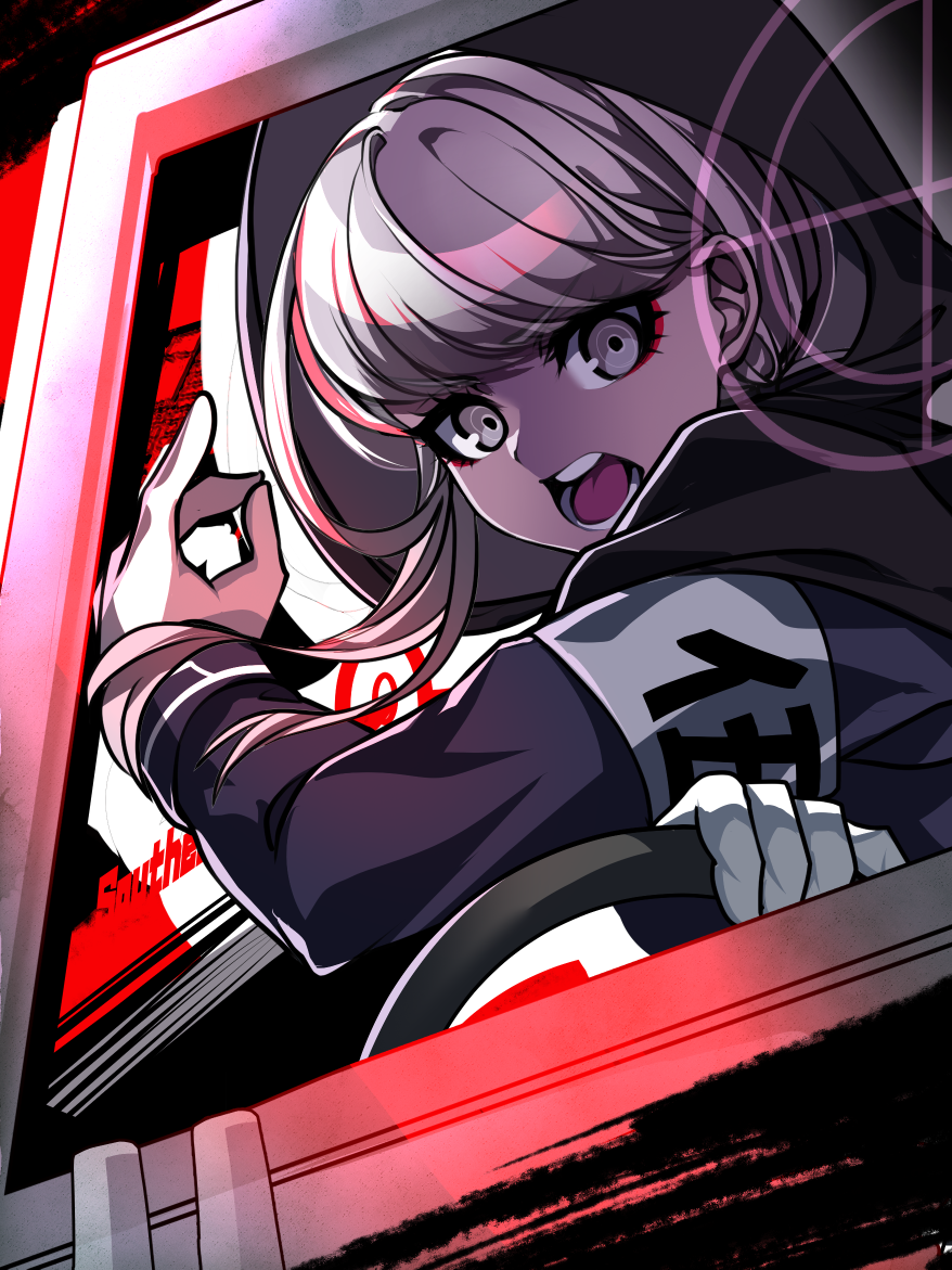 1girl, armband, cloak, driving, eyeliner, gloves, grey_eyes, grey_hair