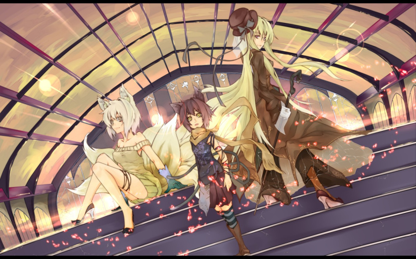 alternate_costume, animal_ears, bare_shoulders, blonde_hair, brown_hair, chen, contemporary, gloves