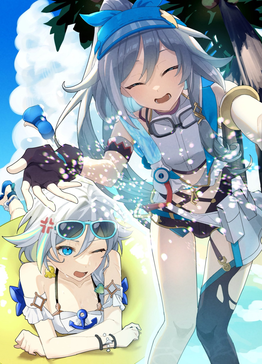 2girls, anger_vein, blue-framed_eyewear, blue_eyes, closed_eyes, commentary_request, fu_hua, fu_hua_(seagull's_soar)