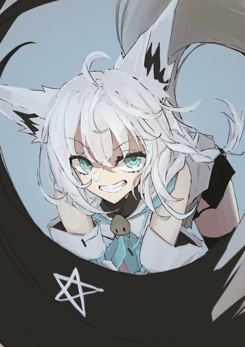 1girl, ahoge, all_fours, animal_ear_fluff, animal_ears, aqua_eyes, black_shorts, blue_neckerchief