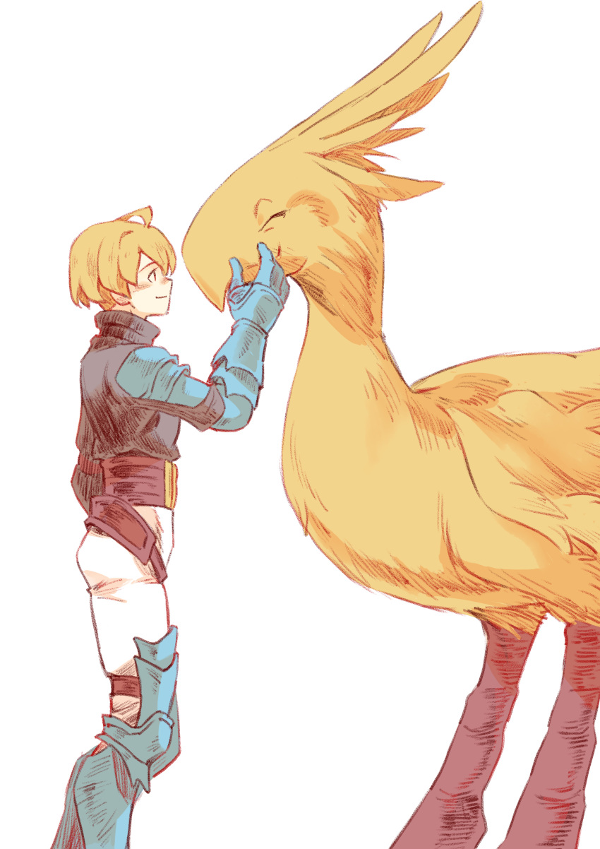 1boy, absurdres, ahoge, armor, armored_boots, armored_gloves, belt, bird