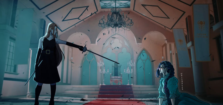 absurdres, artist_collaboration, black_dress, black_gloves, braid, brown_hair, chandelier, cosplay