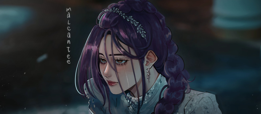 1girl, braid, brown_eyes, commentary, cosplay, dreamcatcher_(group), dress, earrings