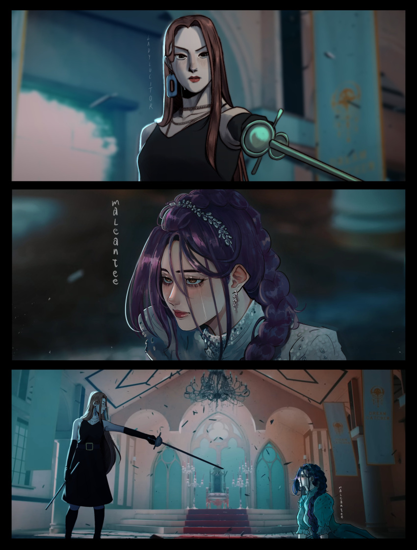 2girls, absurdres, artist_collaboration, black_dress, black_gloves, braid, brown_eyes, brown_hair