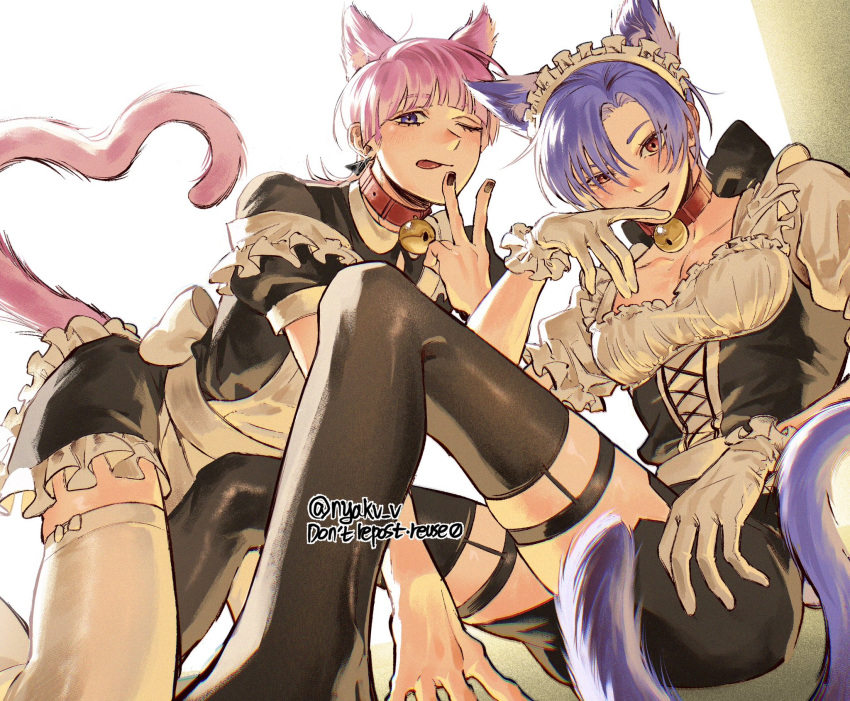 2boys, animal_ears, cat_boy, cat_ears, cat_tail, crossdressing, crossdressing_(mtf), highres, maid, male_focus, multiple_boys, nyakv_v, panty_&amp;_stocking_with_garterbelt, polyester_(psg), polyurethane_(psg), tail, trap
