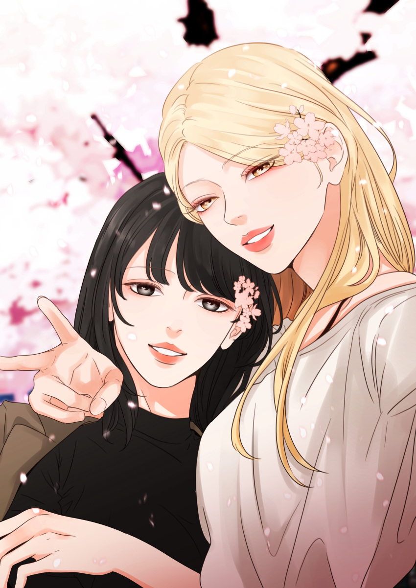 2girls, absurdres, arm_around_shoulder, black_eyes, black_hair, black_shirt, blonde_hair, falling_petals, flower, hair_behind_ear, hair_flower, hair_ornament, hands_up, highres, long_hair, looking_at_viewer, multiple_girls, official_art, parted_lips, petals, pink_flower, posing, red_lips, shirt, smile, straight_hair, swept_bangs, team_gaji, upper_body, v, what_does_the_fox_say_(webtoon), white_shirt, yellow_eyes