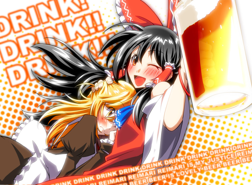 beer, black_hair, blonde_hair, blush, bow, braid, english, hair_bow, hakurei_reimu, hat, kirisame_marisa, long_hair, meteoride, multiple_girls, ribbon, short_hair, smile, touhou, wink, witch, witch_hat