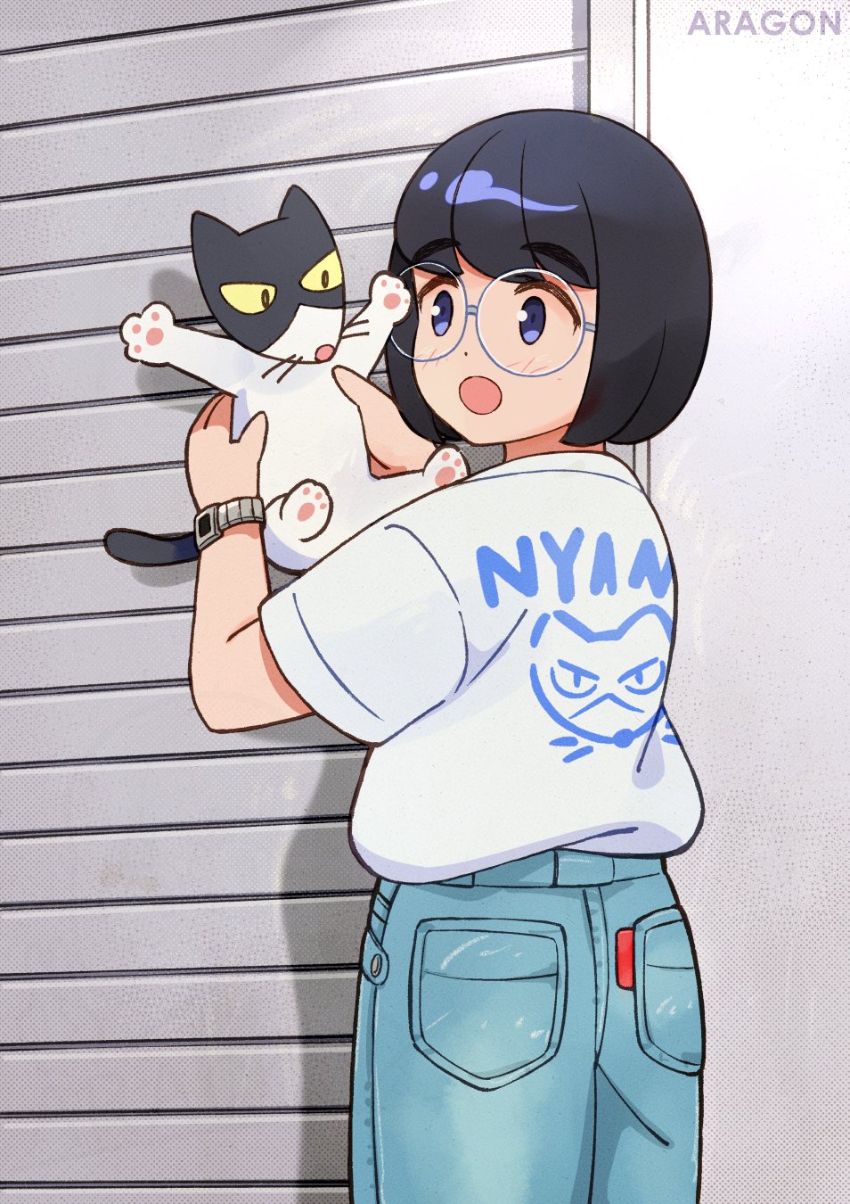 1girl, animal, aragon_honnin, black_eyes, black_hair, blush, cat, denim