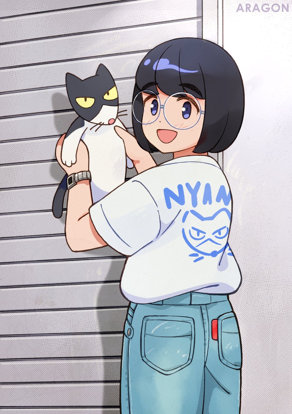 1girl, animal, aragon_honnin, black_eyes, black_hair, blush, cat, denim