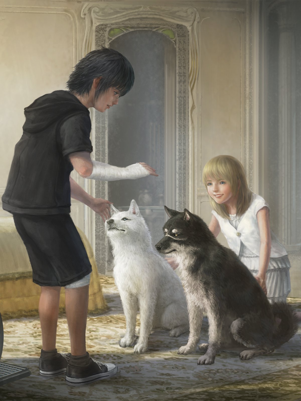 1boy, 1girl, bandaged_arm, bandages, black_hair, black_jacket, black_shoes, black_shorts