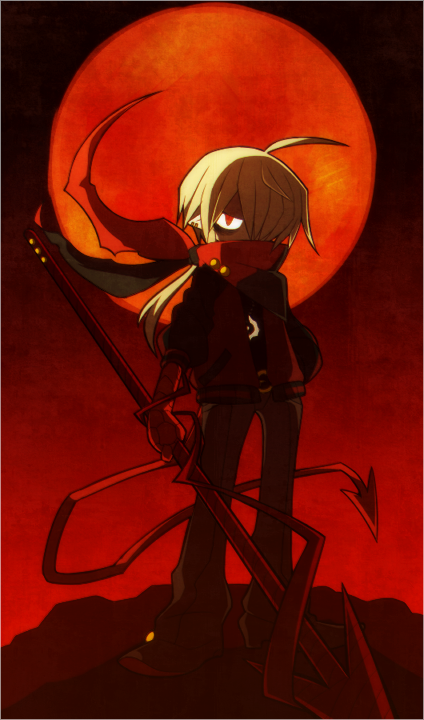 1boy, adauchi_(funamusea), ahoge, belt, blonde_hair, border, demon_boy, demon_tail