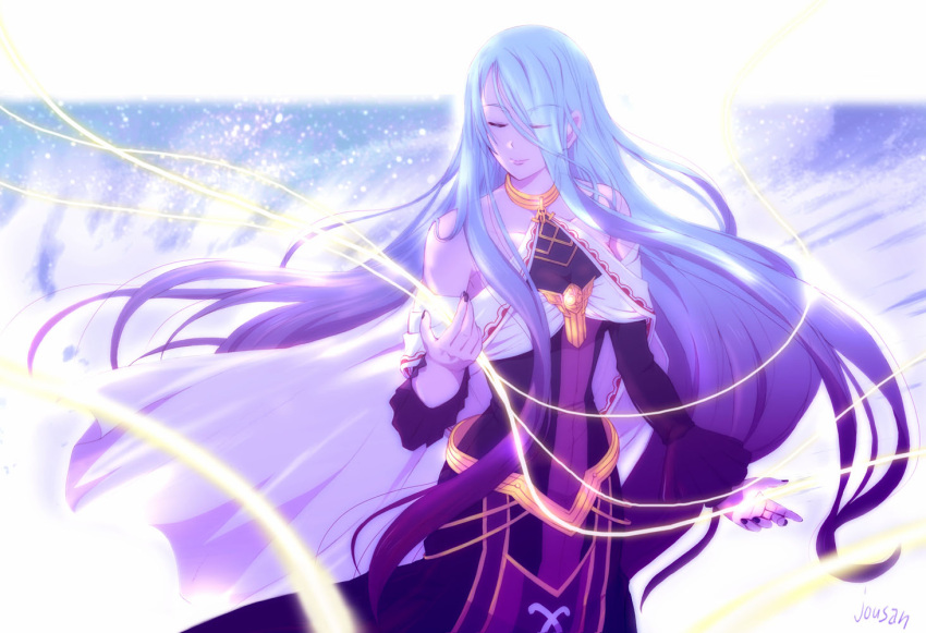 1girl, artist_name, bare_shoulders, blue_hair, closed_eyes, detached_sleeves, dress, eiyuu_densetsu