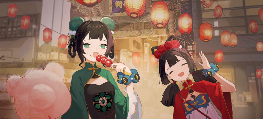 2girls, :d, ^_^, absurdres, bead_bracelet, beads, black_hair, black_shirt