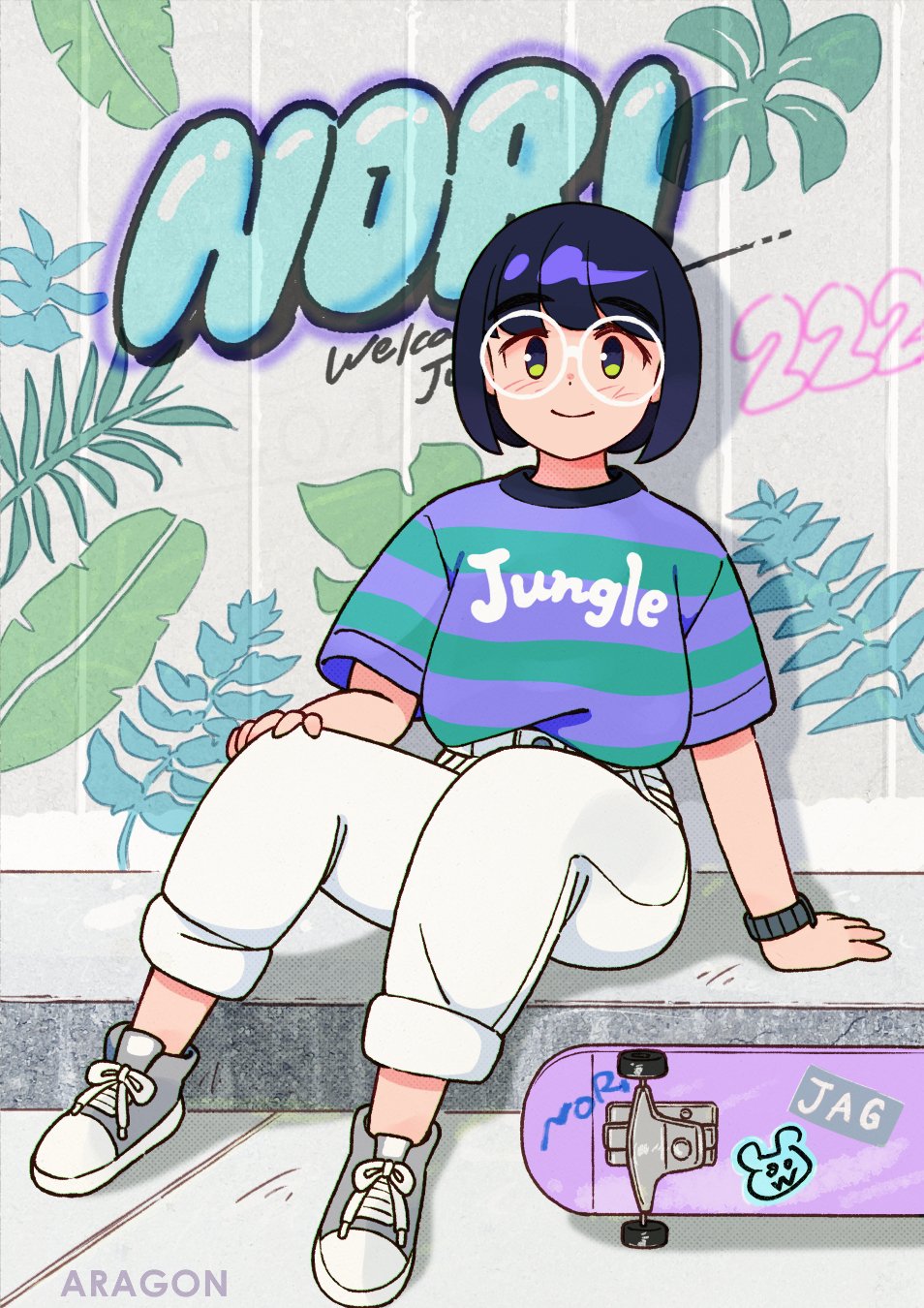 1girl, aragon_honnin, arm_support, black_hair, blush, glasses, green_eyes, green_shirt, grey_shoes, hand_on_own_knee, highres, looking_at_viewer, multicolored_shirt, original, pants, purple_shirt, raised_curb, round_eyewear, shirt, shoes, short_sleeves, sitting, skateboard, smile, solo, striped_clothes, striped_shirt, t-shirt, watch, watch, white-framed_eyewear, white_pants