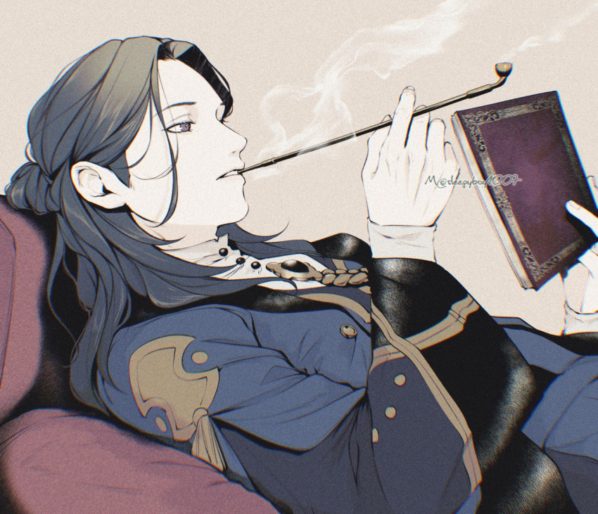 1boy, book, commentary_request, fire_emblem, fire_emblem:_three_houses, from_side, green_hair, holding