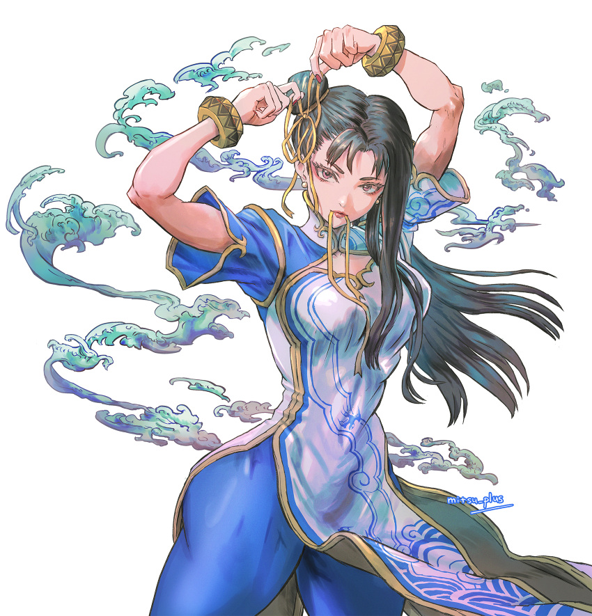 1girl, adjusting_hair, arms_up, artist_name, asymmetrical_hair, black_hair, bracelet, breasts, chinese_clothes, chun-li, clothing_cutout, clouds, earrings, hair_bun, hair_ribbon, highres, jewelry, large_breasts, long_hair, looking_at_viewer, mitsu_plus, mouth_hold, pearl_earrings, ribbon, ribbon_in_mouth, signature, simple_background, solo, street_fighter, street_fighter_6, thick_thighs, thighs, white_background, yellow_ribbon