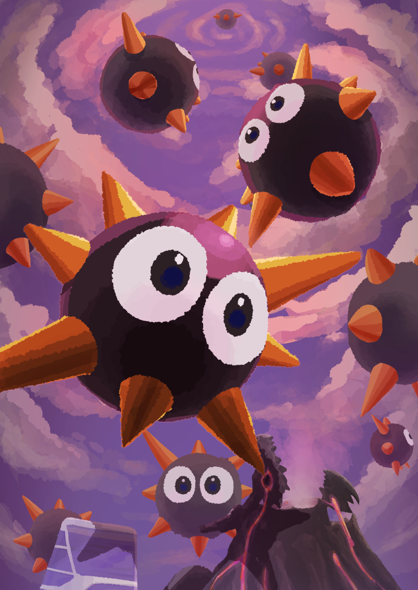 6+others, absurdres, clouds, falling, gordo, highres, kirby_(series), kirby_air_ride