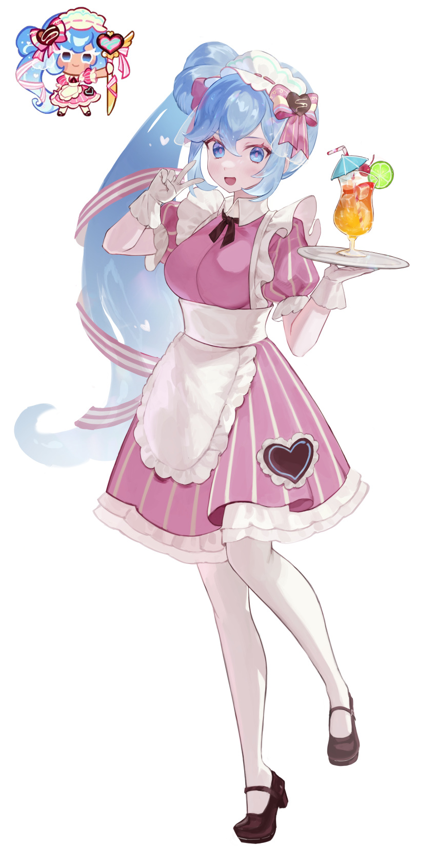 1girl, :d, absurdres, apron, black_bow, black_bowtie, black_shoes, blue_eyes