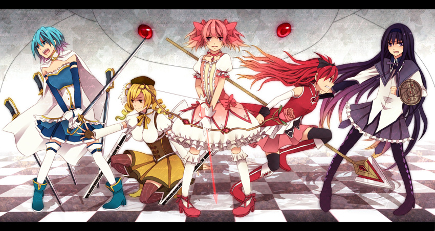 akemi_homura, an_hajime, black_hair, blonde_hair, blue_eyes, blue_hair, bow, bow_(weapon)
