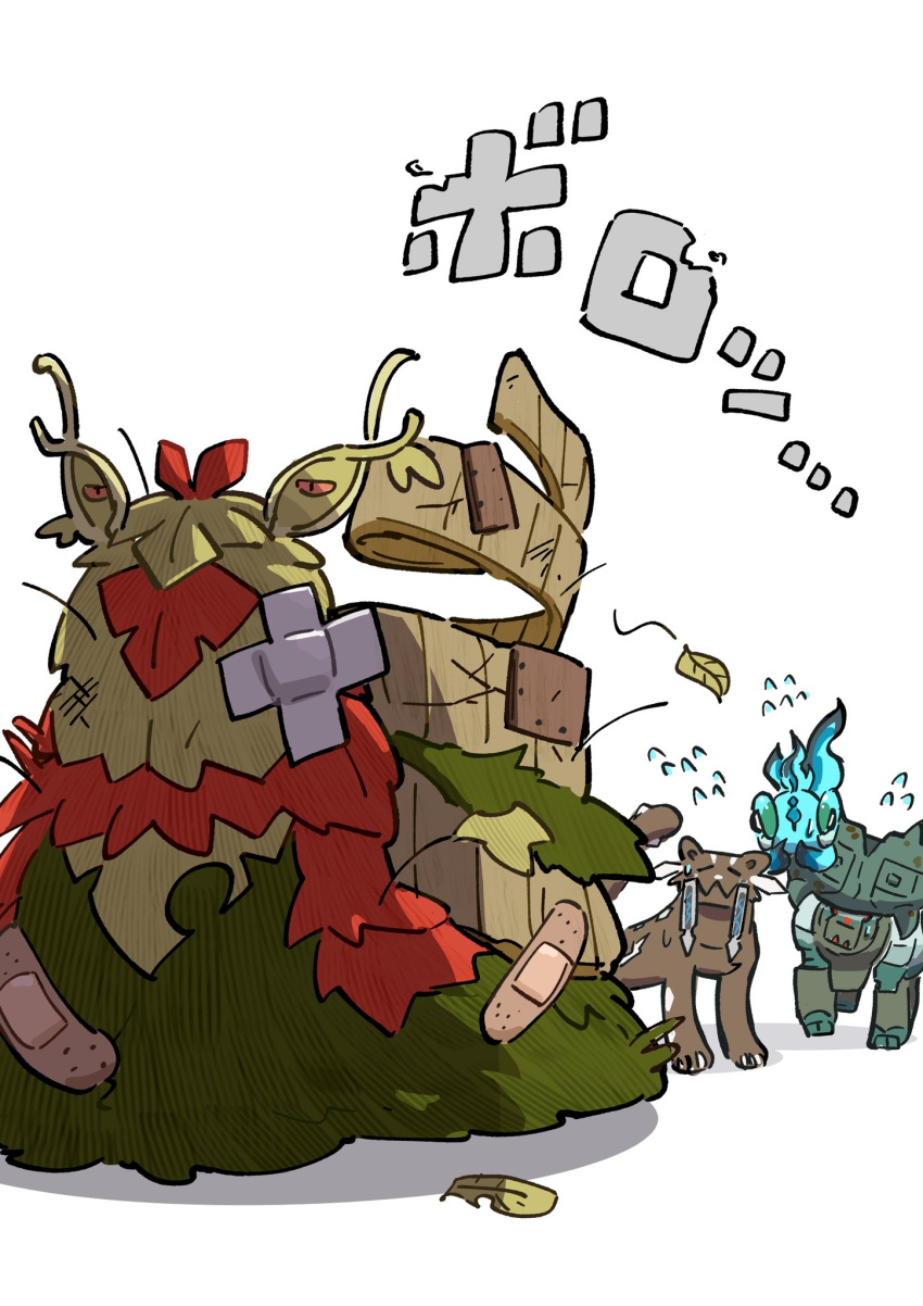 alternate_color, bandages, battle_damage, chi-yu_(pokemon), chien-pao, closed_eyes, closed_mouth, damaged, fangs, fish, highres, leaf, no_humans, pokemon, pokemon_(creature), shiny_pokemon, simple_background, sweat, sweatdrop, tail, ting-lu_(pokemon), white_background, wo-chien, yumemi_illust