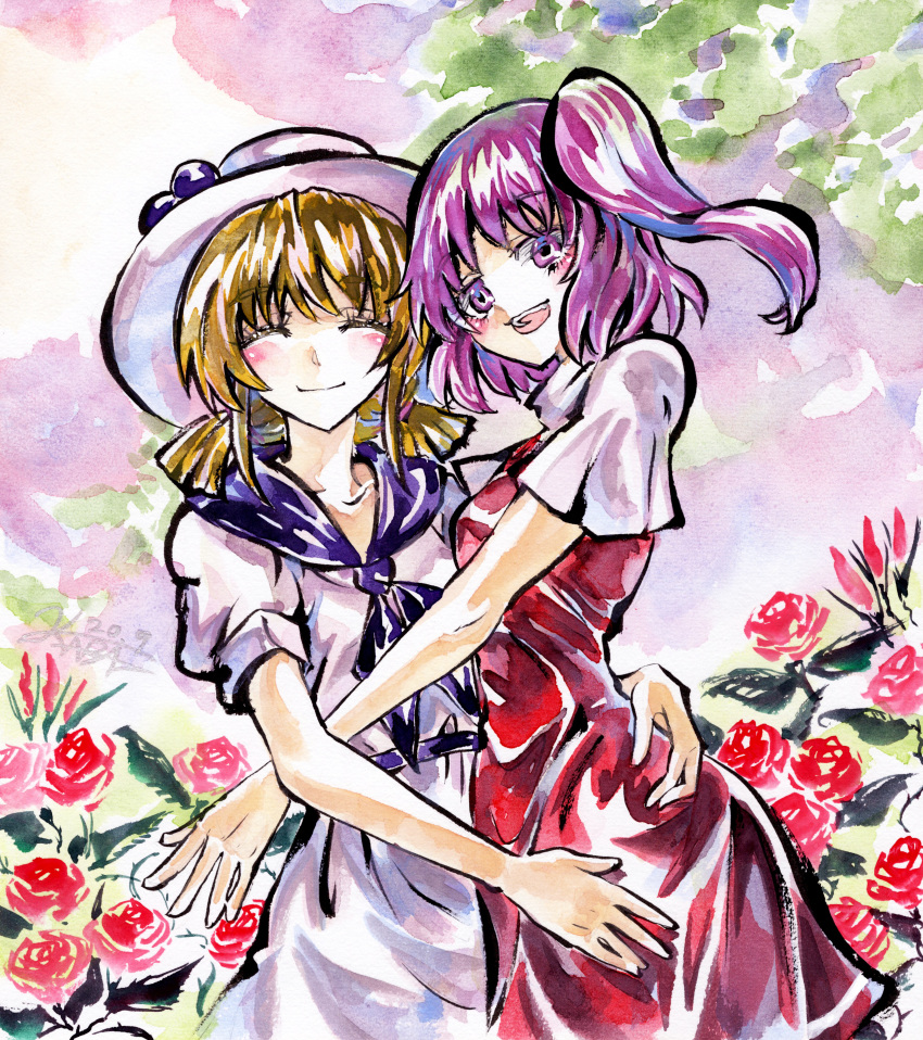 2girls, absurdres, blonde_hair, capelet, closed_eyes, closed_mouth, dress, facing_viewer