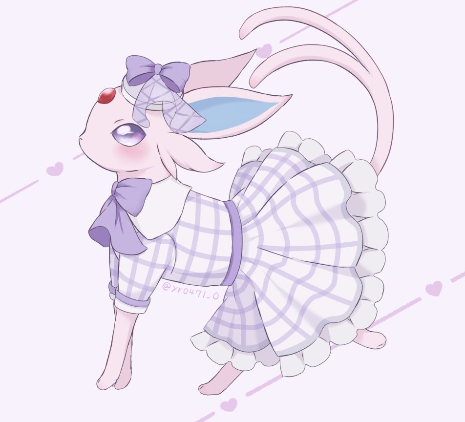blush, bow, clothed_pokemon, commentary_request, dress, espeon, espeon_(checkered), frilled_dress