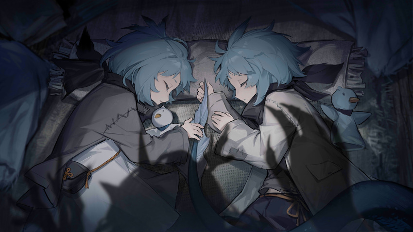 1boy, 2girls, adoptive_parent_and_adoptive_child, arknights, blue_hair, brother_and_sister, child, closed_eyes