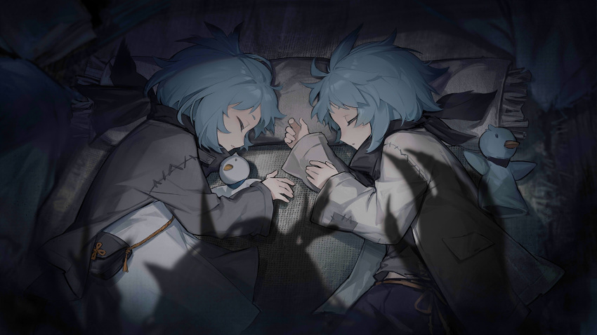 1boy, 2girls, adoptive_parent_and_adoptive_child, arknights, blue_hair, brother_and_sister, child, closed_eyes