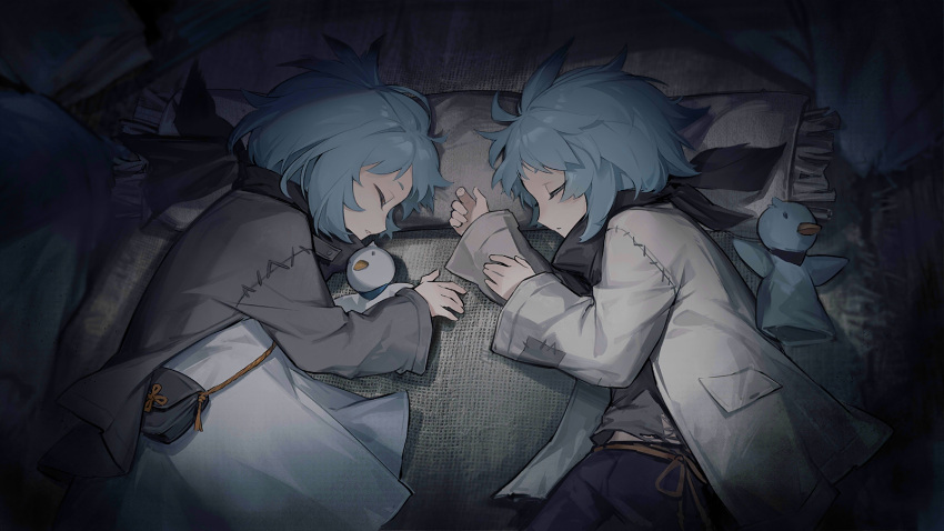 1boy, 1girl, arknights, blue_hair, brother_and_sister, child, closed_eyes, erendel_(arknights), estara_(arknights), from_above, game_cg, highres, official_art, siblings, sleeping, third-party_source, twins