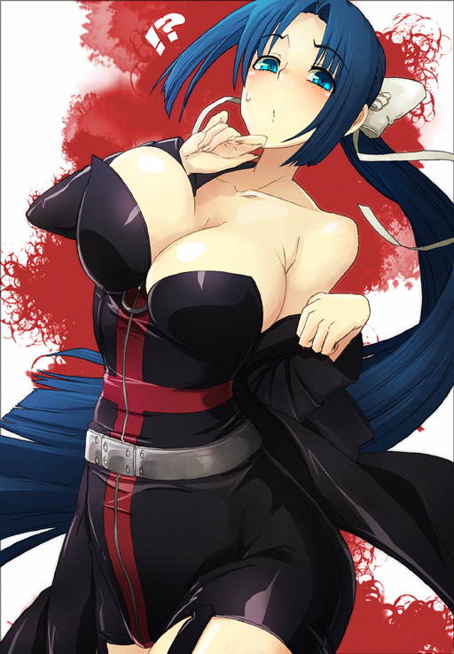 blue_eyes, blue_hair, blush, bouncing_breasts, bow, breasts, cleavage, cosplay