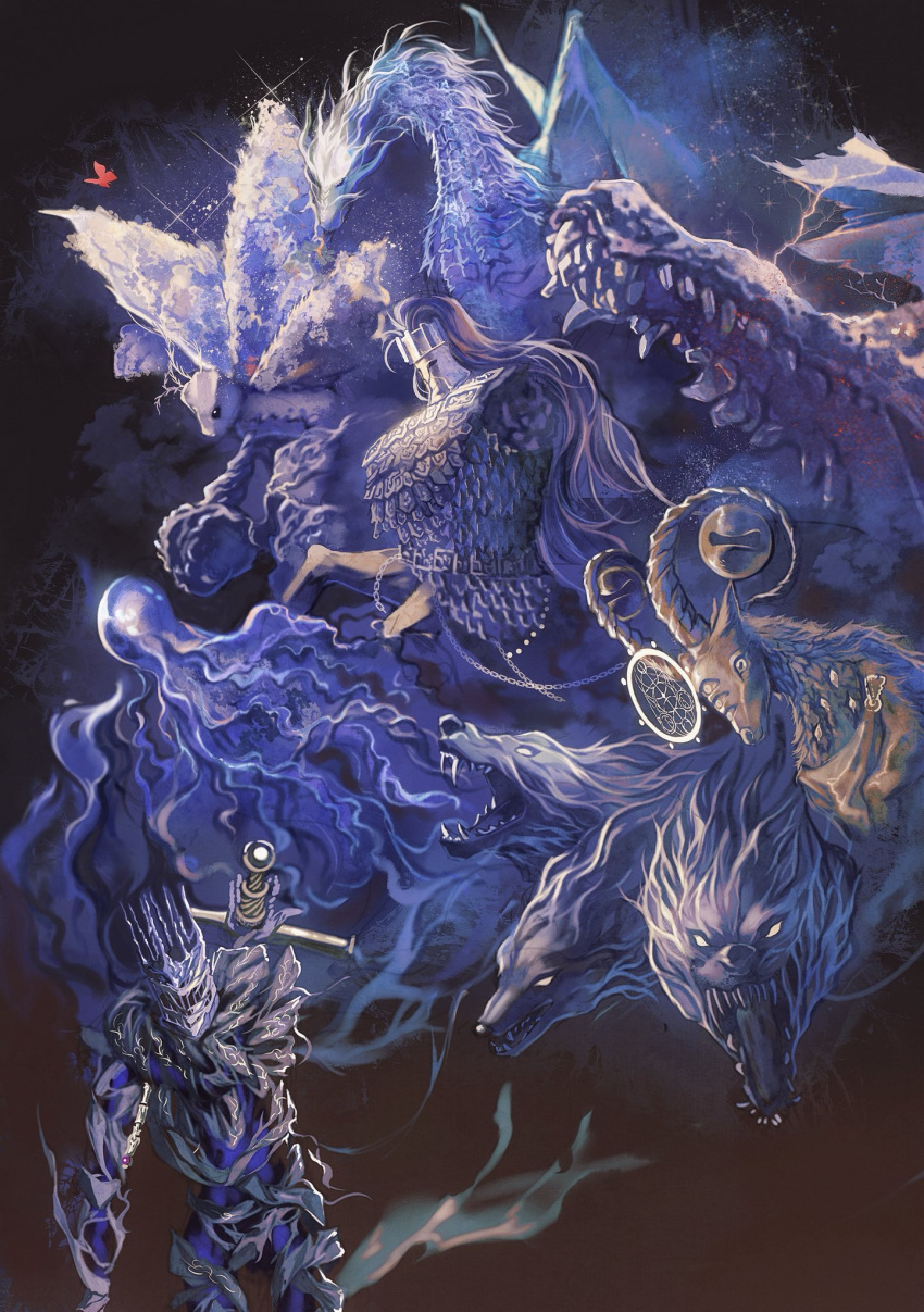 1boy, 1other, adel_(elden_ring), animal, armor, bug, cerberus, disembodied_eye