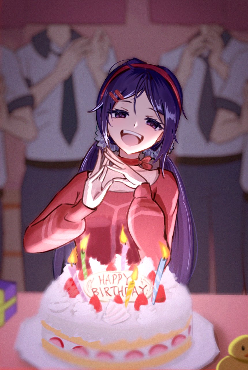 1girl, 4boys, birthday_cake, cake, candle, choker, crazy_mita_(miside), crazy_smile
