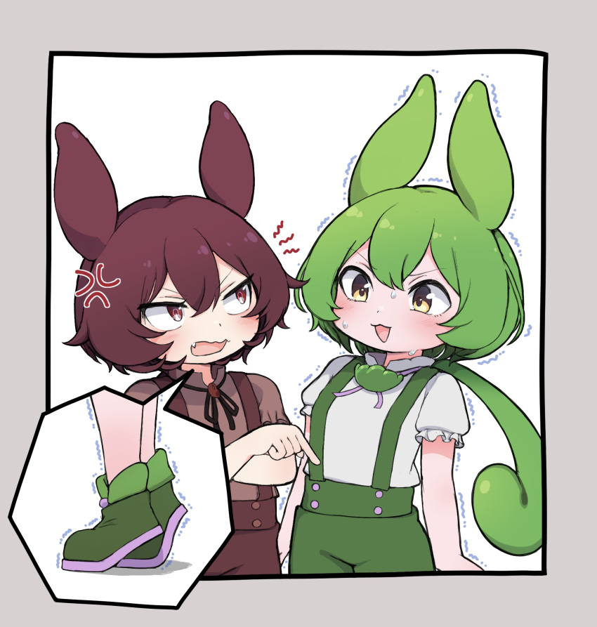 2girls, :3, anger_vein, animal_ears, ankomon, brown_eyes, brown_hair, commentary_request