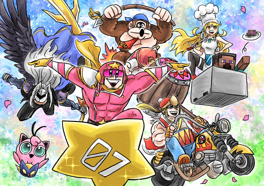 1girl, apron, armor, bad_food, bandana, bandana_waddle_dee, bandana_waddle_dee_(cosplay), blonde_hair, blue_bandana, bombchu, captain_falcon, chef_hat, chef_kawasaki, chef_kawasaki_(cosplay), cosplay, donkey_kong, donkey_kong_(series), f-zero, fatal_fury, final_fantasy, final_fantasy_vii, gloves, gorilla, grey_hair, hammer, hat, helmet, highres, holding, holding_hammer, holding_ladle, holding_polearm, holding_sword, holding_weapon, jigglypuff, kicdon, king_dedede, king_dedede_(cosplay), kirby, kirby_(cosplay), kirby_(series), kirby_air_ride, kirby_air_riders, ladle, meta_knight, meta_knight_(cosplay), minecart, minecraft, motor_vehicle, motorcycle, mythra_(massive_melee)_(xenoblade), mythra_(xenoblade), necktie, on_motorcycle, open_mouth, pauldrons, petals, pokemon, pokemon_(creature), polearm, pom_pom_(clothes), red_necktie, sephiroth, shoulder_armor, single_wing, sparkle, spear, star_(symbol), steve_(minecraft), super_smash_bros., sword, terry_bogard, toned, toned_male, warioware, warp_star, weapon, white_apron, wings, xenoblade_chronicles_(series), xenoblade_chronicles_2, yellow_eyes, yellow_gloves