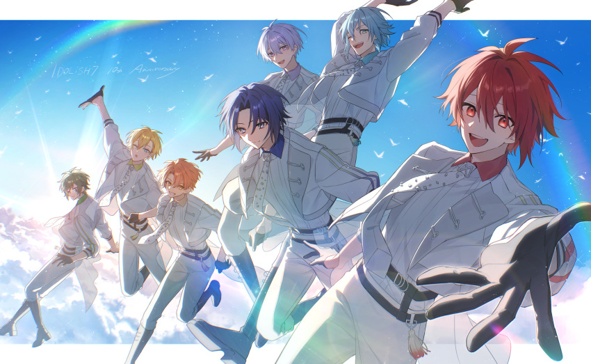 6+boys, aiue_o_eiua, arms_up, backlighting, black_boots, black_gloves, blonde_hair, blue_eyes