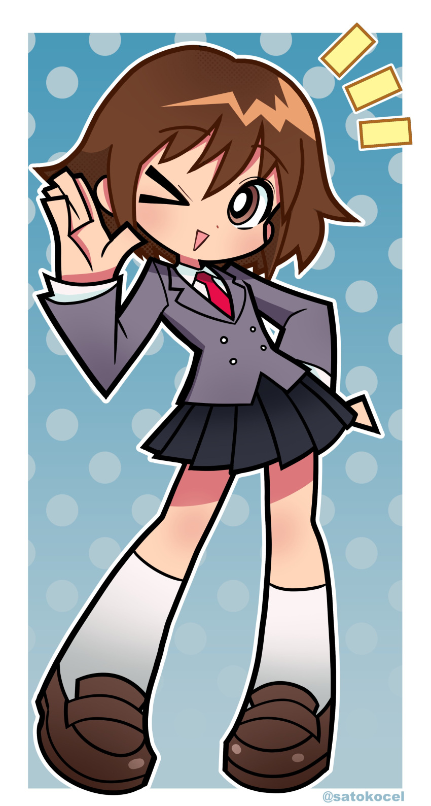 >_o, 1girl, absurdres, blazer, border, brown_eyes, brown_hair, buttons