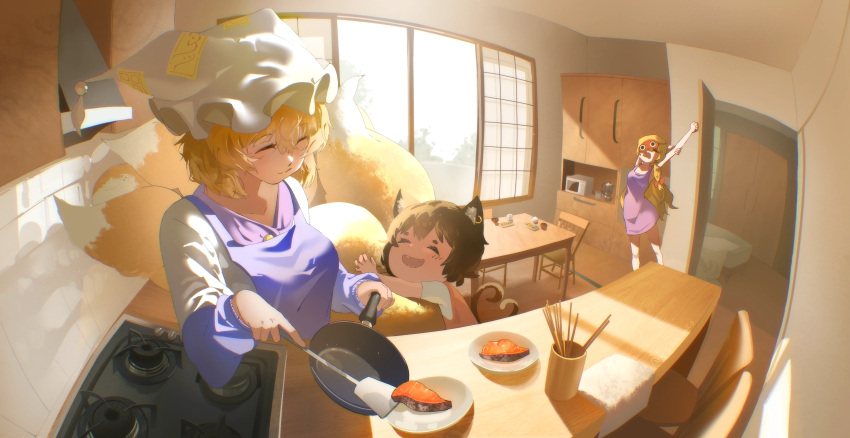 3girls, ^_^, absurdres, animal_ear_fluff, animal_ear_piercing, animal_ears, apron, blonde_hair