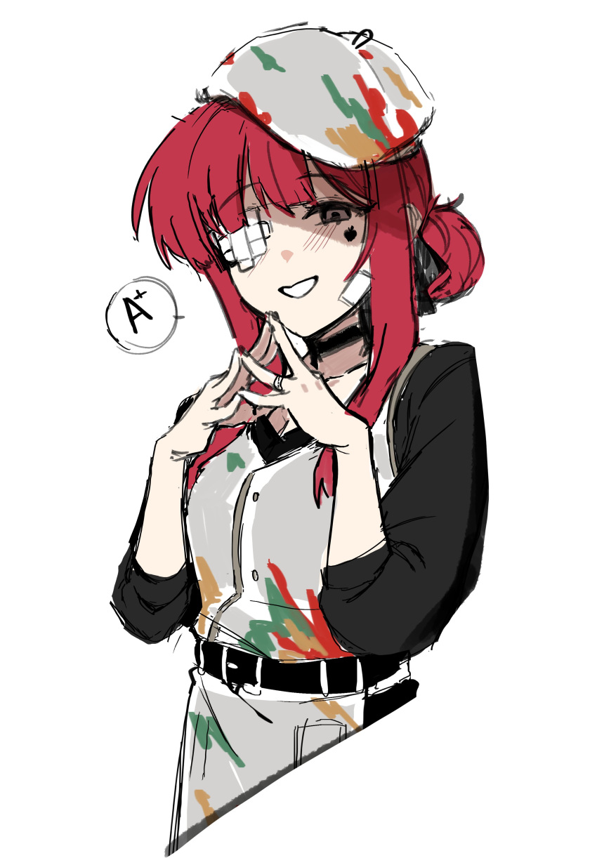 1girl, absurdres, alternate_costume, apron, bandaid_on_eye, belt, belt_buckle, beret