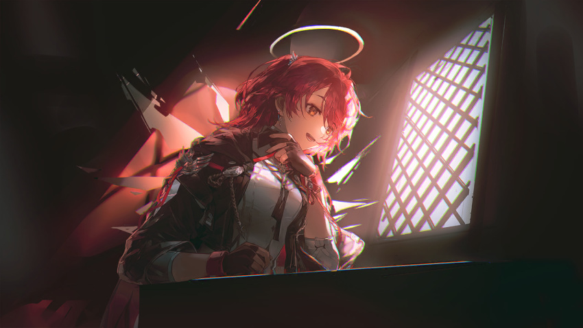 1girl, :d, arknights, black_gloves, black_jacket, confessional, confessional_interior, detached_wings