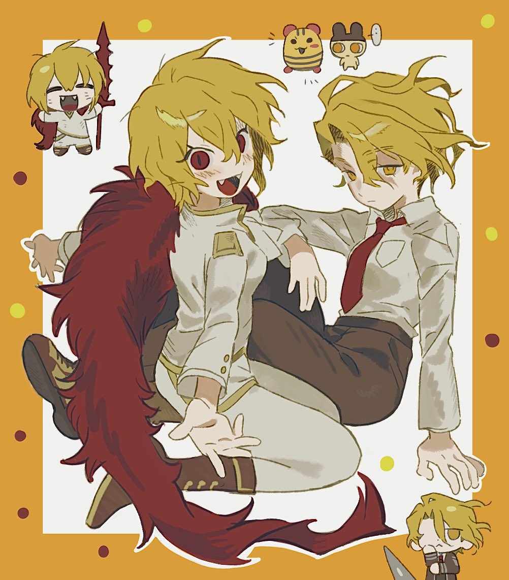2girls, :<, ^_^, arm_on_knee, asymmetrical_hair, black_coat, blonde_hair, boots