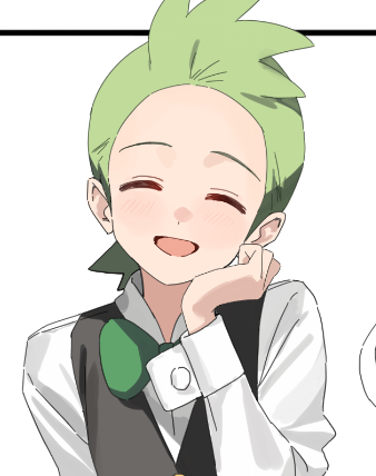 1boy, :d, bow, bowtie, cilan_(pokemon), closed_eyes, commentary_request, facing_viewer, green_bow, green_bowtie, green_hair, hand_up, happy, head_rest, head_tilt, korean_commentary, long_sleeves, lowres, male_focus, open_mouth, pokemon, pokemon_bw, pokesudal, shirt, short_hair, smile, solo, vest, white_shirt