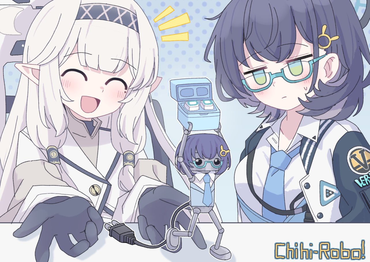 2girls, :d, ^_^, black_gloves, black_hairband, blue_archive, blue_background, blue_hair