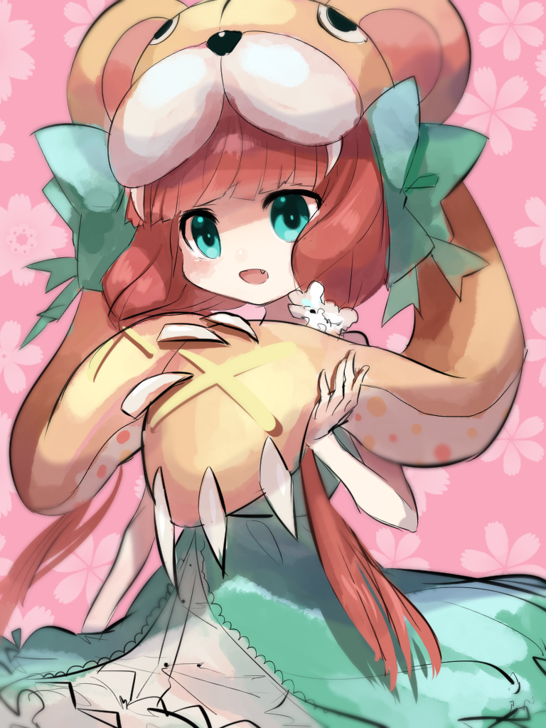 1girl, animal_hood, bear_alma, bow, brown_hair, dress, emil_chronicle_online, fang, green_dress, green_eyes, green_ribbon, hair_bow, hair_ribbon, hood, kemogon, low_twintails, open_mouth, pink_background, ribbon, solo, twintails