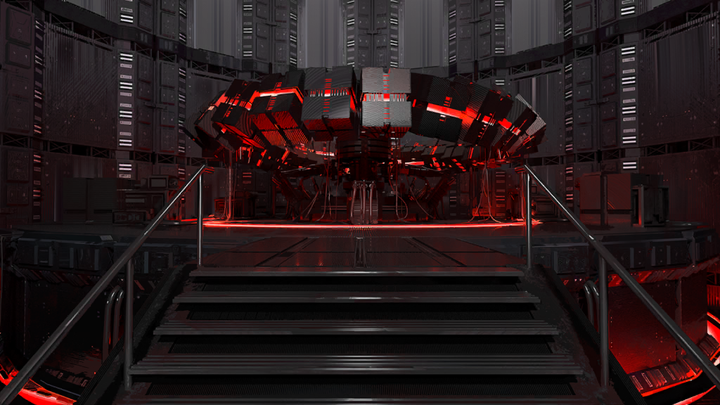 arknights, black_theme, game_cg, glowing, indoors, limited_palette, machinery, no_humans