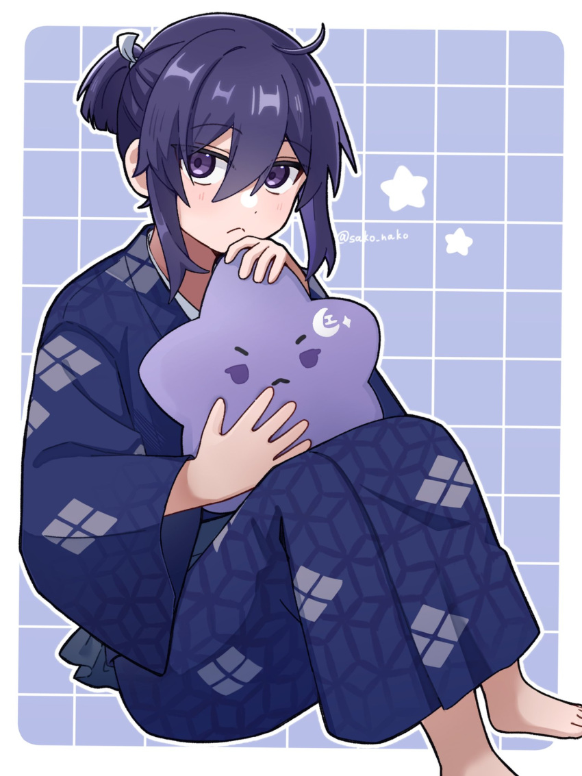 1boy, :<, aged_down, ahoge, barefoot, blue_kimono, blunt_ends, border