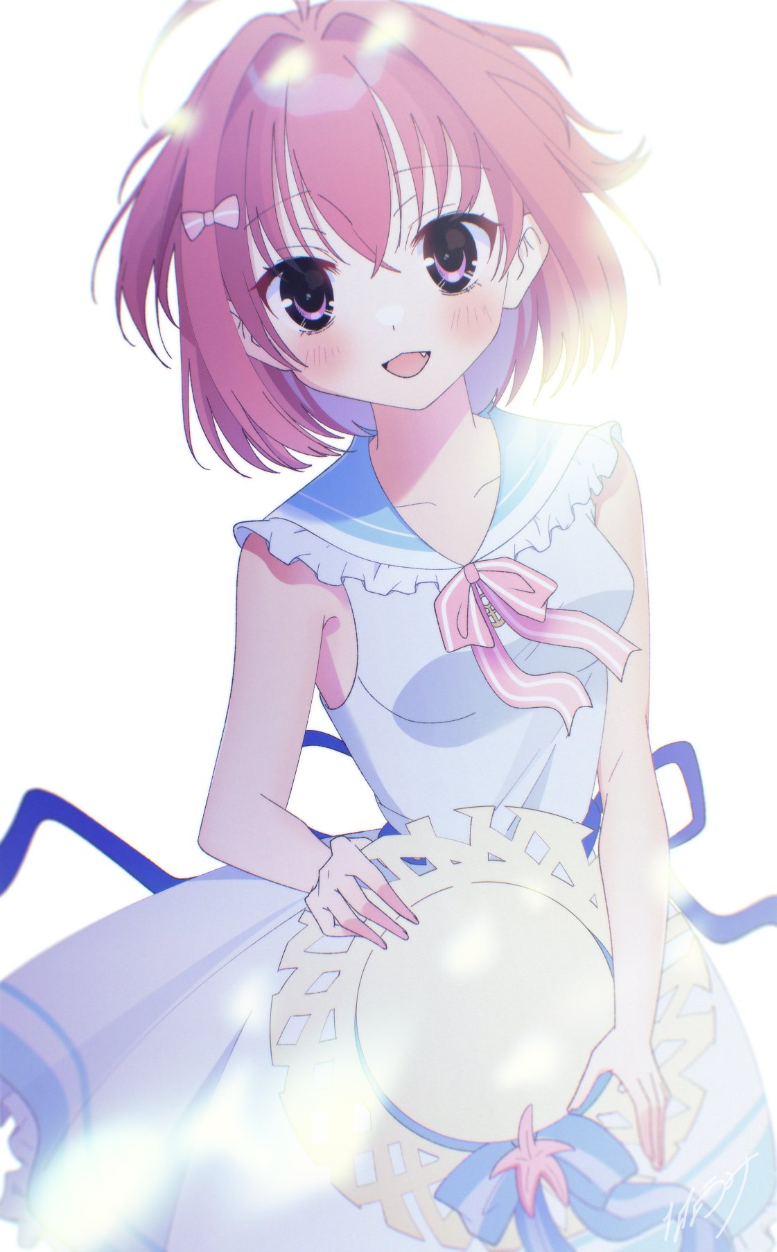 1girl, :d, ahoge, back_bow, bloom, blue_bow, blue_sailor_collar, blurry